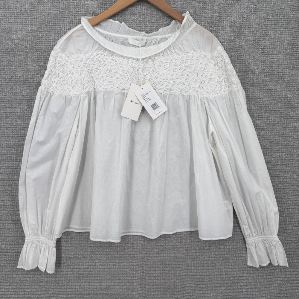 Merlette Majorelle Blouse Womens Sz‎ L White Smocked Cotton Cotage Coquette